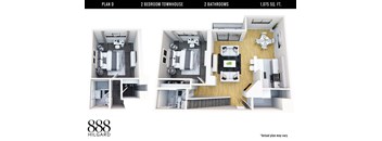 A floor plan for a 2 bedroom townhouse with 2 bathrooms and a total area of 1,075 square feet.