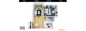 A floor plan for a 719 square foot apartment with one bedroom and one bathroom.