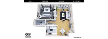 A floor plan of a one bedroom, one bathroom apartment.