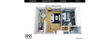 A floor plan of a small unfurnished apartment with one bedroom and one bathroom.