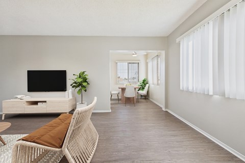 A living room with a white sofa and a television.