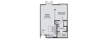 A floor plan of a small apartment with a living/dining area, kitchen, bathroom, and bedroom.