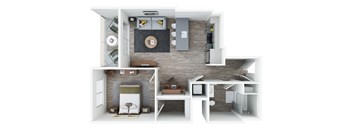 a stylized floor plan with a bedroom and a bathroom