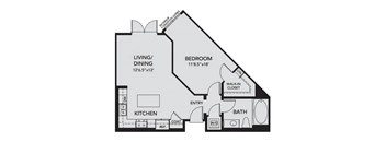 A floor plan of a home with a living/dining area, kitchen, bathroom, bedroom, and entry.