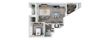 a stylized floor plan with a bedroom and a living room