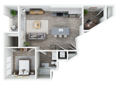 a stylized floor plan with a bedroom and a living room