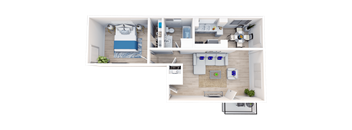 A top-down view of a small apartment with a bedroom, kitchen, and living room.
