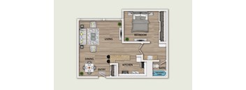 A floor plan of a small apartment with a living room, bedroom, kitchen, and bathroom.
