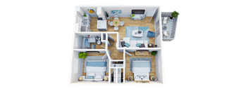A 3D floor plan of a house with a living room, kitchen, dining room, and bedrooms.