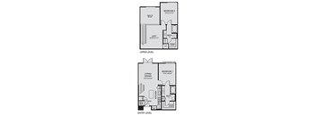 A drawing of a two-story house plan with labeled rooms.