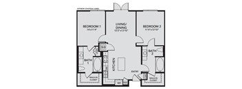 A black and white floor plan of a two bedroom apartment.