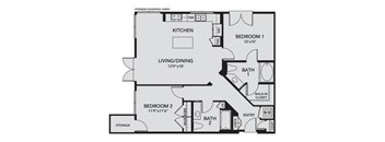 A floor plan of a small apartment with two bedrooms, a living area, and a kitchen.