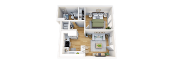 A 3D floor plan of a small apartment with a living room, kitchen, and bedroom.