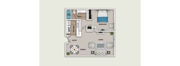 A floor plan of a small apartment with a bedroom, living room, kitchen, and dining area.