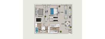 A floor plan of a house with two bedrooms, a living room, a dining area, a kitchen, and two bathrooms.