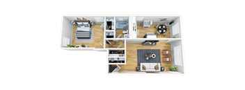 A top-down view of a two-bedroom apartment with a living room, kitchen, and bathroom.