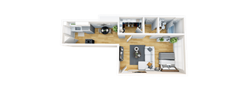A 3D floor plan of a house showing a living room, kitchen, and bedrooms.