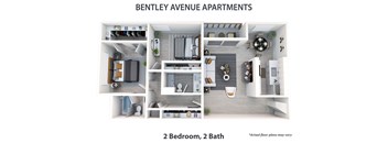 Apartment layout with two bedrooms and two bathrooms.