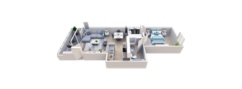 A 3D rendered image of a modern, open-plan apartment layout.