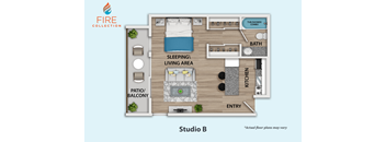 A floor plan of Studio B from the Fire Collection shows a sleeping area, a living area, a kitchen, a bathroom, and a patio or balcony.