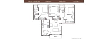 A floor plan of a 3 bedroom, 2 bathroom apartment at Buffalo Sherman Oaks.