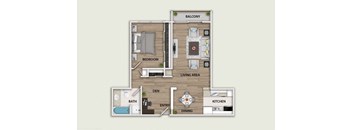A floor plan of an apartment with a balcony, living area, kitchen, dining, bedroom, bathroom, and entry.