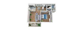 A top down view of a small apartment with a kitchen, living room, and bathroom.