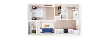A diagram of a small apartment layout with a bedroom, living room, and kitchen.
