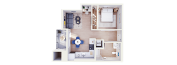 A top-down view of a small apartment layout with a bedroom, living room, and kitchen.