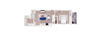 A 3D rendered image of a house layout with a kitchen, living room, and bathroom.