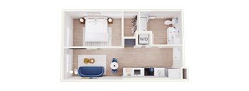 A top-down view of a small apartment layout with a bed, desk, and kitchenette.