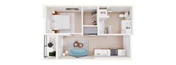 A top-down view of a well-organized, modern living space with a kitchen area, a living room with a sofa, and a bathroom.