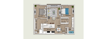 A floor plan of a two bedroom apartment with a living room, dining room, kitchen, and bathroom.