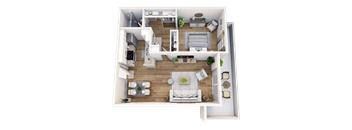 A top-down view of a modern apartment layout with a living room, kitchen, and bedrooms.