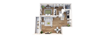 A 3D floor plan of a house with a living room, kitchen, and dining area.