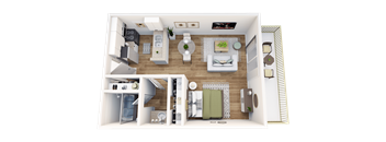 A top-down view of a modern apartment layout with a kitchen, living room, and dining area.
