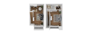 a stylized floor plan with a bedroom and a living room