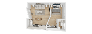 A top-down view of a house interior with a living room, kitchen, and bedrooms.