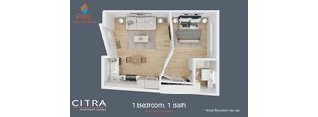 the floor plan of 1 bedroom 1 bath