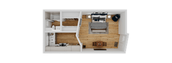 A top-down view of a small apartment with a bed, couch, and kitchen area.