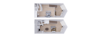A top-down view of a modern house interior with a living room, kitchen, and dining area.