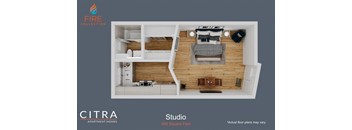 a rendering of a studio apartment with a wood floor
