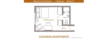 A floor plan for Cochran Apartments shows a one-bedroom apartment with a living/sleeping area, a bathroom, and a hallway.
