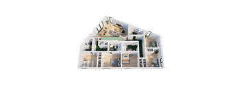 A 3D floor plan of a house with multiple rooms and furniture.