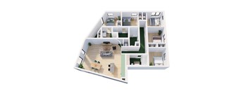 A 3D floor plan of a house with a living room, kitchen, and bedrooms.