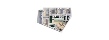 A 3D floor plan of a house with multiple rooms.