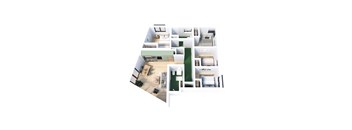 A floor plan of a house with a kitchen, living room, and two bedrooms.