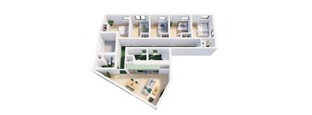 A 3D floor plan of a house with a kitchen, living room, and bedrooms.