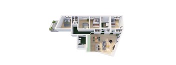 A floor plan of a house with a kitchen, living room, and bedrooms.