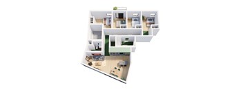 A 3D floor plan of a house with multiple rooms.